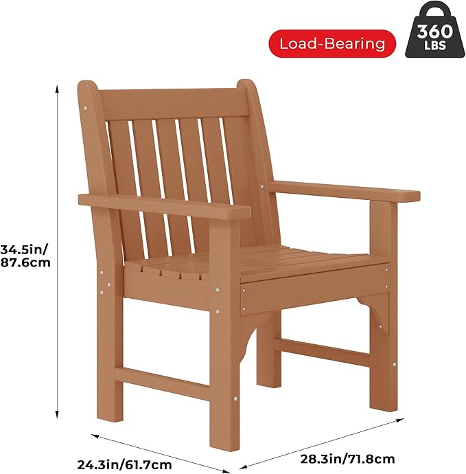 Costaelm Outdoor Dining Arm Chair, Patio HDPE Garden Dining Table Chair, Poly Lumber Waterproof Restaurant Bistro Farmhouse Chairs for Outside Porch Backyard, Teak