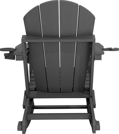 KINGYES Adirondack Rocking Chair with Retractable Ottoman and Cup Holders, HDPE Adirondack Rocker Patio Rocking Chair for Porch, Patio, Balcony, Leaden Grey