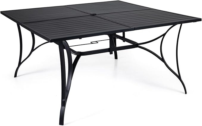 Tangkula 60" x 60" Metal Patio Dining Table for 8, Square Heavy Duty Outdoor Dining Table with Umbrella Hole, 8-Person Outside Dining Furniture for Porch, Garden, Balcony and Backyard