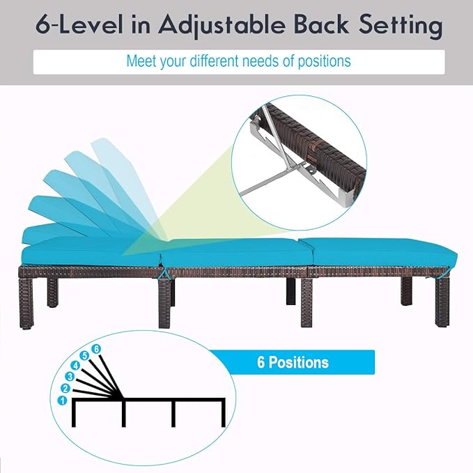 COSTWAY 2PCS Rattan Lounge Chair Chaise Recliner Adjustable Cushioned Turquoise - Photo 8