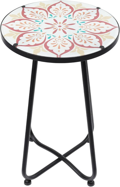 VCUTEKA Patio Side Table Outdoor Accent Table Bistro Coffee Table Plant End Table Small Porch Table Indoor Round Glass Balcony Plant Table Stands Khaki Flower 12 inches