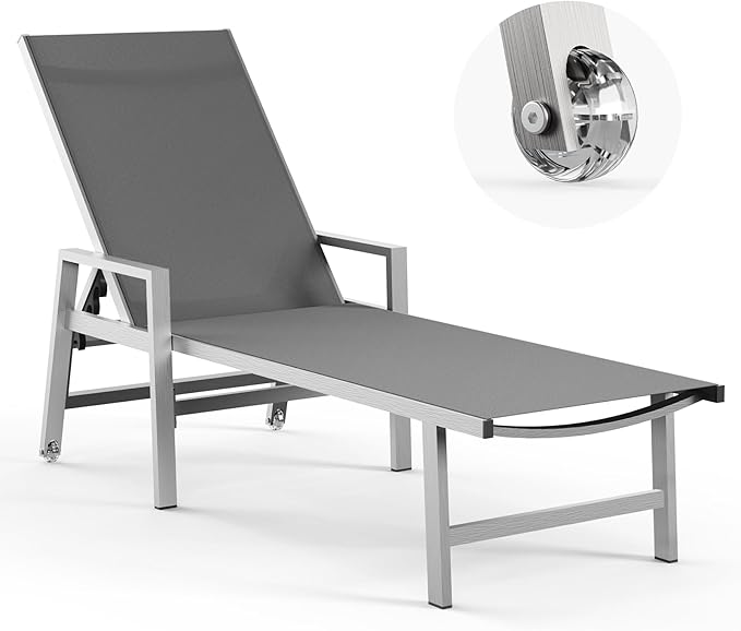Patio Chaise Lounge Chair Outdoor with Wheels&Armrests, Aluminum Pool Lounge Chairs 5-Position Adjustable Recliner - Photo 1
