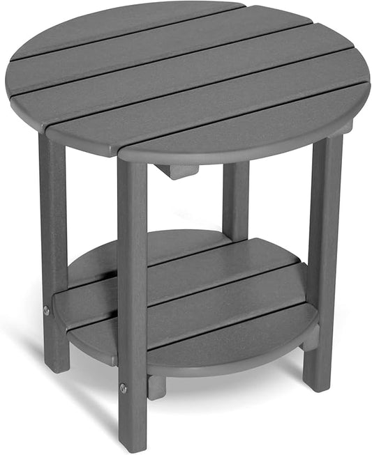 Round Adirondack Outdoor Side Table, 17.7" Small Patio End Table, 2-Tier HDPE Plastic Table for Poolside Porch Garden, Weather Resistant & Easy Assembly(Grey)