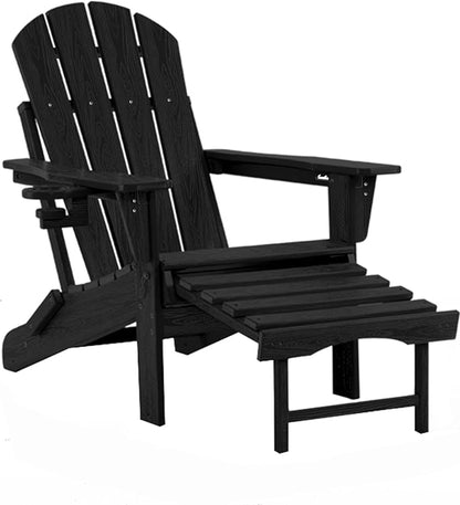 Adjustable Adirondack Rocking Chair with Retractable Ottoman, 4-in-1 Multifunctional Folding Patio Chair with Cup Holder, Outdoor Chair Wood Texture for Lawn, Porch, Backyard, Pool(Black)