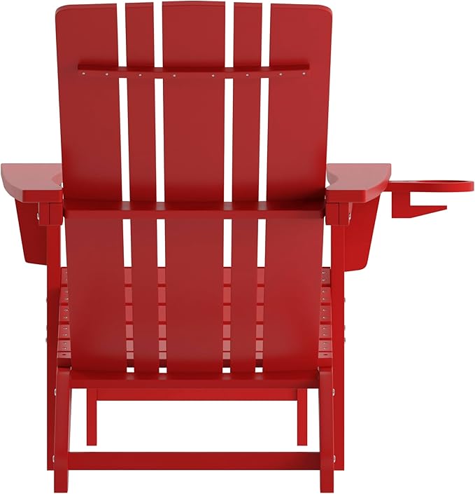 Flash Furniture Halifax Poly Resin Adirondack Chair with Cup Holder and Pull Out Ottoman, All-Weather Poly Resin Indoor/Outdoor Lounge Chair, Red