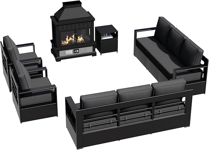 Outdoor Aluminum Furniture Set, 5-Piece Patio Conversation Set, 2 Swivel Chairs, 2 Sofa and 1 Fireplace, All-Weather Metal Frame, 6" Thick Removable Cushions, Deep Setting for Garden and Porch