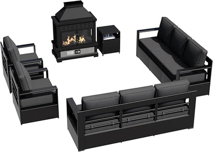 Outdoor Aluminum Furniture Set, 5-Piece Patio Conversation Set, 2 Swivel Chairs, 2 Sofa and 1 Fireplace, All-Weather Metal Frame, 6" Thick Removable Cushions, Deep Setting for Garden and Porch