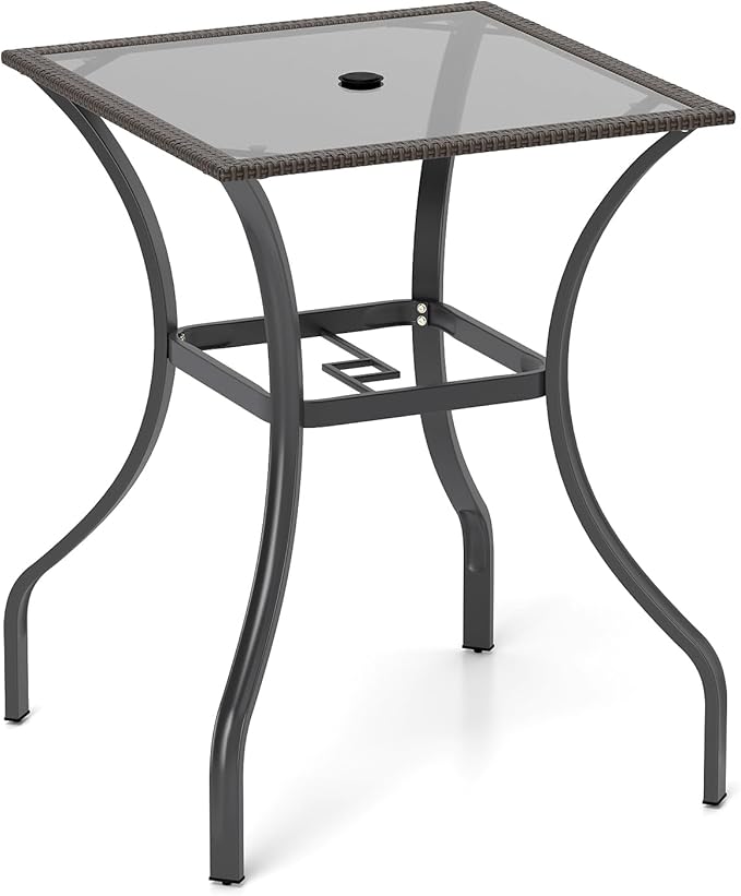 Tangkula Patio Bar Table with Umbrella Hole, All Weather 37 Inches Height Heavy Duty Outdoor Square Glass Top Table, for Garden Balcony Poolside and Lawn, Mix Brown