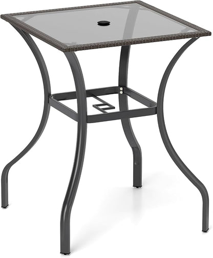 Tangkula Patio Bar Table with Umbrella Hole, All Weather 37 Inches Height Heavy Duty Outdoor Square Glass Top Table, for Garden Balcony Poolside and Lawn, Mix Brown