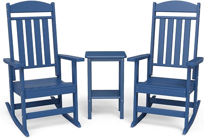 3-Piece Outdoor Rocking Chair Set, Oversized Porch Rocking Chair Set of 2 with Side Table, HDPE High Back Patio Rocking Chair, Suitable for Patio, Porch, Backyard, Navy Blue
