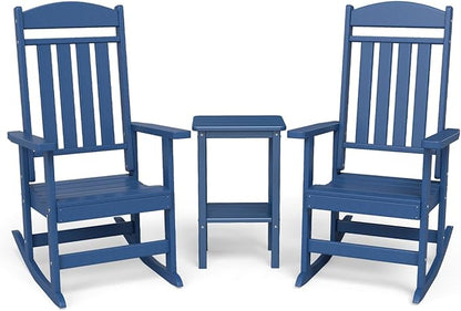 3-Piece Outdoor Rocking Chair Set, Oversized Porch Rocking Chair Set of 2 with Side Table, HDPE High Back Patio Rocking Chair, Suitable for Patio, Porch, Backyard, Navy Blue