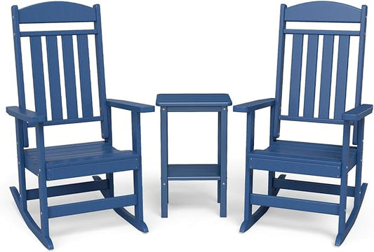 3-Piece Outdoor Rocking Chair Set, Oversized Porch Rocking Chair Set of 2 with Side Table, HDPE High Back Patio Rocking Chair, Suitable for Patio, Porch, Backyard, Navy Blue