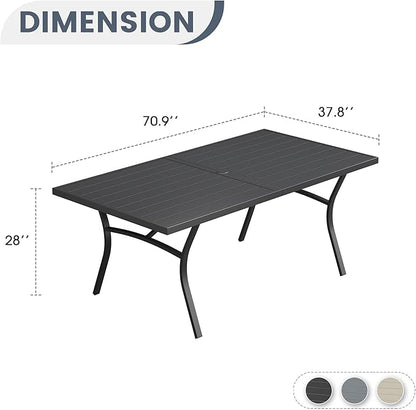 VICLLAX 70.9" Patio Dining Table, Outdoor Rectangular Metal Table for 8 with Umbrella Hole for Porch Backyard Garden Deck, Black