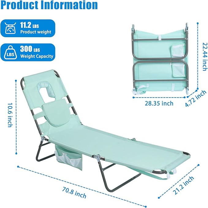 SUNNYFEEL Beach Lounge Chair, Backpack Reclining Beach Chairs Lay Flat, Sun Face Down Tanning Chair, Folding Camping Chairs Portable Camp Cot with Backpack Straps for Outdoor/Picnic/Lawn