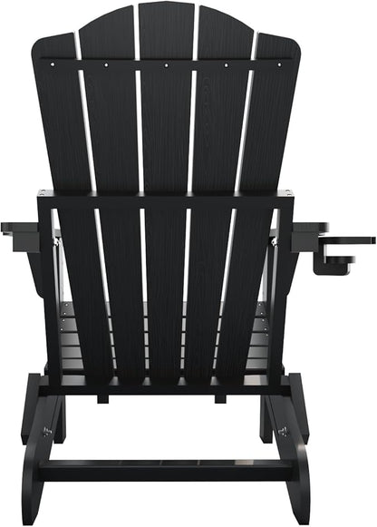 Adjustable Adirondack Chairs with Retractable Ottoman, HDEP Folding Adirondack Chair with Footrest & Cup Holder, All Weather Fire Pit Chair for Outdoor,Black