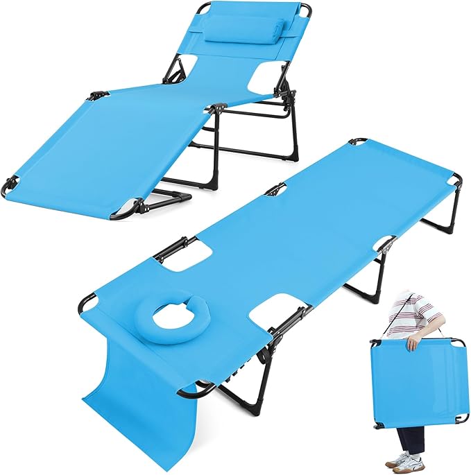 KING BIRD Tanning Chair with Face Hole, 5-Position Folding Outdoor Beach Lounge Chair for Sunbathing - Photo 1