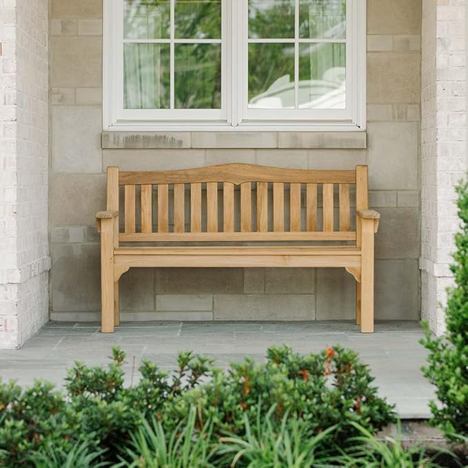 Ash & Ember Hawthorne Grade A Teak 73" Bench, Seats 2-3 People Comfortably, Weather Resistant Indoor Outdoor Solid Wood Patio Furniture with Tightly Spaced Slats, Bowed Back, Armrests