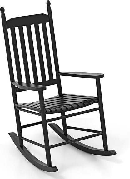 Giantex Outdoor Rocking Chair, All Weather Patio Rocker w/Solid Rocking Base & High-Back, Slatted Seat & Back, Acacia Wood Porch Rocker, Wooden Patio Rocking Chair for Backyard, Poolside, Black