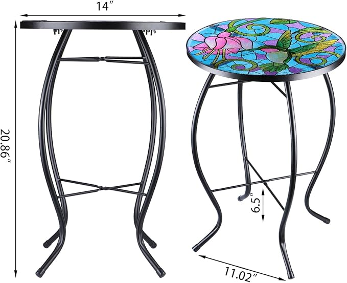 VCUTEKA Mosaic Patio Side Table Outdoor Accent Table Bistro Coffee Table Plant End Table Small Porch Table Indoor Round Glass Balcony Hummingbird Plant Table Stands