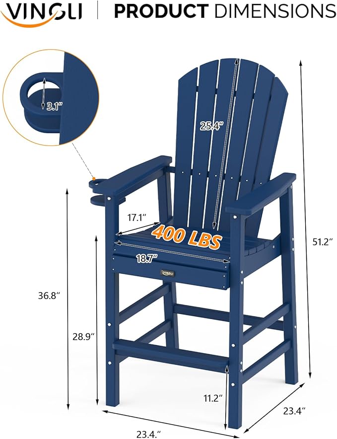 VINGLI Tall Adirondack Chairs Set of 2, All-Weather Plastic Adirondack Chair with Cup Holders - Photo 3