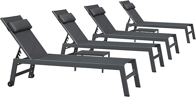 PURPLE LEAF Outdoor Lounge Chair Set Patio Chaise Pool Lounger Aluminum Frame with 2 Side Table and Wheels for Outside Sunbathing Tanning Recliner Including Pillows Gray