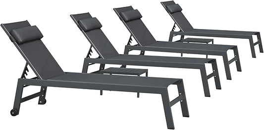 PURPLE LEAF Outdoor Lounge Chair Set Patio Chaise Pool Lounger Aluminum Frame with 2 Side Table and Wheels for Outside Sunbathing Tanning Recliner Including Pillows Gray