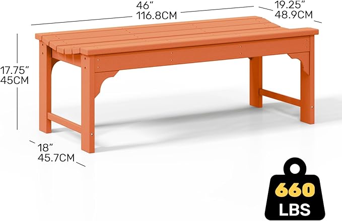 Costaelm Outdoor Benches Weatherproof, All Weather Resistant Park Bench Poly Lumber Backless Garden Bench Seat for Entryway Front Porch, Orange