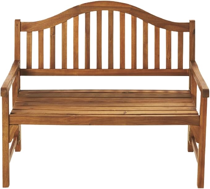 Foldable Acacia Wood Garden Bench, 4 Foot Indoor/Outdoor Wooden Porch, Patio, & Park Seating, Curved Backrest and Armrest, 48" Wide x 24-3/4" Deep x 41" High, Teak Color