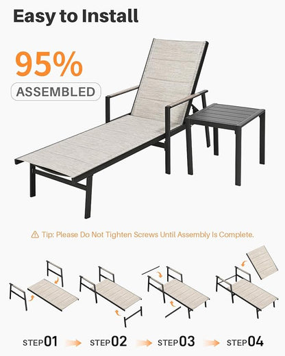 3-Piece Outdoor Chaise Lounge Set, Never-Rust Aluminum Patio Lounge Chairs with Side Table, Double-Layer Textilene Pool Lounge Chairs, Adjustable Backrest Sunbathing Loungers for Beach, Garden