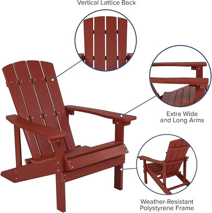 Pemberly Row Farmhouse Adirondack Chair, Faux Wood, Red Finish, Weather-Resistant Polystyrene, UV Protected, 35" H x 29.5" W x 33.5" D, Outdoor Patio Seating, Wide Arms, Slanted Seat, Supports 350 lbs