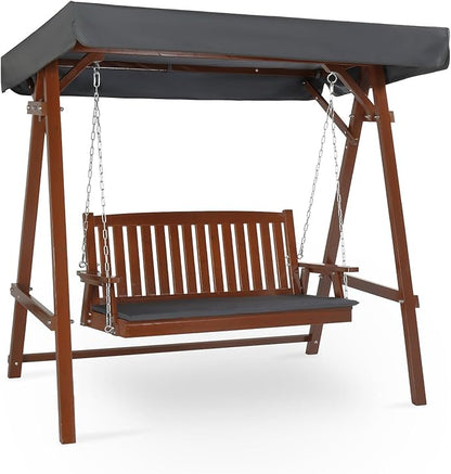 VINGLI Porch Swing with Stand, Wooden Swing & Stand with Canopy, Hanging Swing Chair with Stand for Garden, Patio and Yard (Brown)