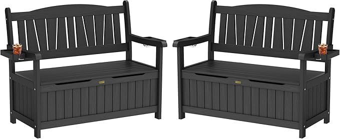YEFU Outdoor Storage Bench for Patio: Heavy Duty Garden Bench Set of 2 with 96° High Backrest & Oversized Seating - HIPS Weatherproof Patio Bench with Storage for Porch Park Backyard, Black