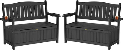 YEFU Outdoor Storage Bench for Patio: Heavy Duty Garden Bench Set of 2 with 96° High Backrest & Oversized Seating - HIPS Weatherproof Patio Bench with Storage for Porch Park Backyard, Black