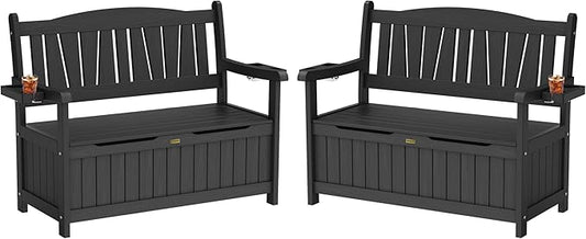 YEFU Outdoor Storage Bench for Patio: Heavy Duty Garden Bench Set of 2 with 96° High Backrest & Oversized Seating - HIPS Weatherproof Patio Bench with Storage for Porch Park Backyard, Black