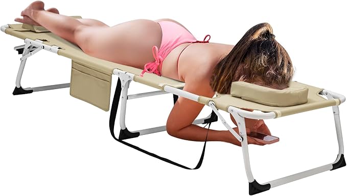 DoCred Heavy Duty Tanning Chair with Face Hole, Adjustable 5-Position Folding Chaise Lounge Chairs for Outside, Portable Lay Flat Beach Lounge Chair for Outdoor Sunbathing Beach Pool Lawn Camping