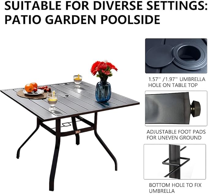 Sour Citrus 37" Outdoor Square Metal Patio Dining Table with Umbrella Hole, Weather-Resistant Table for Garden, Backyard, Balcony, or Deck, Black