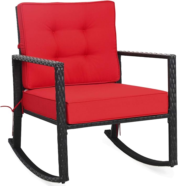 Tangkula Wicker Rocking Chair, Outdoor Glider Rattan Rocker Chair with Heavy-Duty Steel Frame, Patio Wicker Furniture Seat with 5” Thick Cushion for Garden, Porch, Backyard, Poolside (1, Red)