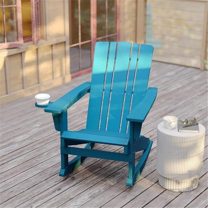 BOWERY HILL Plastic Rocking Adirondack Chair, 37.25" H x 33.5" W x 32.75" D, Blue Finish, HDPE Material, Cupholder, Indoor/Outdoor Weather-Resistant Design, Comfortable Porch Seating