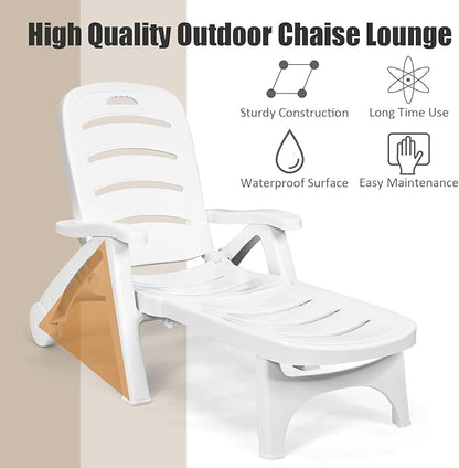 Moccha Plastic Chaise Lounge Chair - Folding Pool Lounger w/ 2 Rolling Wheels, Armrest, 5-Adjustable Position, Foldable Outdoor Lounger for Garden Sunbathing Beach Chairs for Adults (2, White)