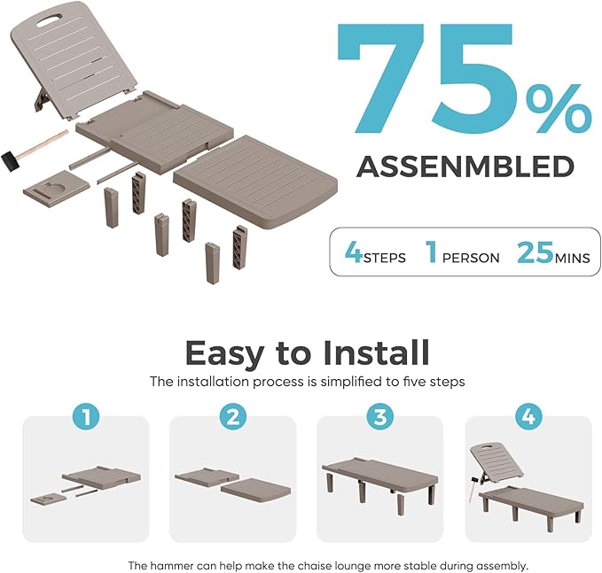 Outdoor Chaise Lounge Set of 4, 5-Position Adjustable Sun Lounge w/Pull-Out Tray, Waterproof PP Lounge Chairs for Outside, Lounge Chairs for Poolside, Patio, Beach, Yard in All Weather,Taupe