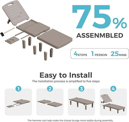 Outdoor Chaise Lounge Set of 6, 5-Position Adjustable Sun Lounge w/Pull-Out Tray, Waterproof PP Lounge Chairs for Outside, Lounge Chairs for Poolside, Patio, Beach, Yard in All Weather,Taupe