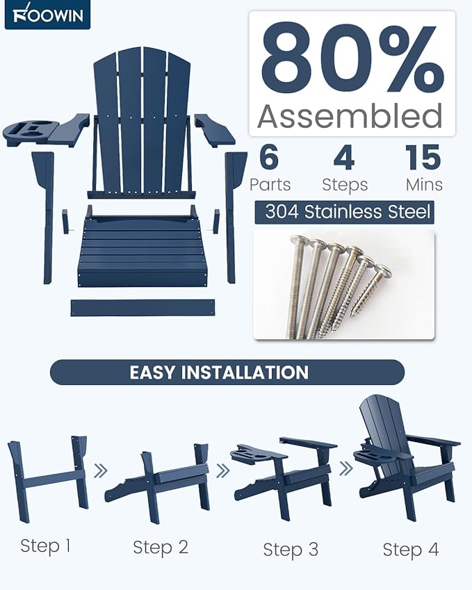 FOOWIN Folding Adirondack Chair Set of 4, HDPE Adirondack Chairs with Cup Holder - Photo 7