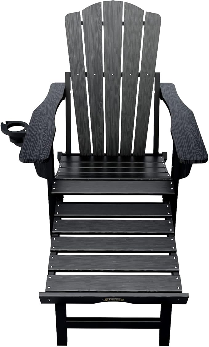 Adjustable Adirondack Chairs with Retractable Ottoman, HDEP Folding Adirondack Chair with Footrest & Cup Holder, All Weather Fire Pit Chair for Outdoor,Black