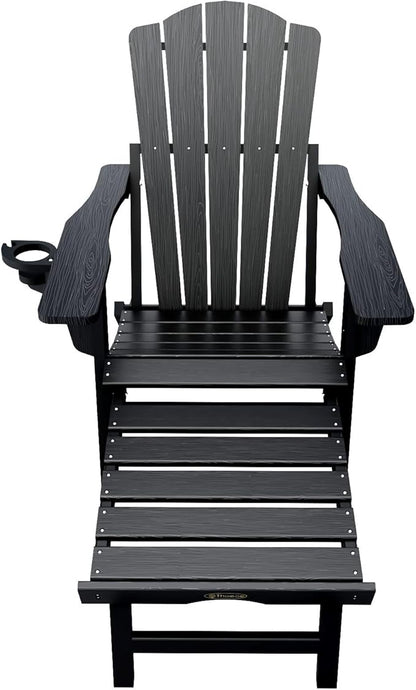 Adjustable Adirondack Chairs with Retractable Ottoman, HDEP Folding Adirondack Chair with Footrest & Cup Holder, All Weather Fire Pit Chair for Outdoor,Black
