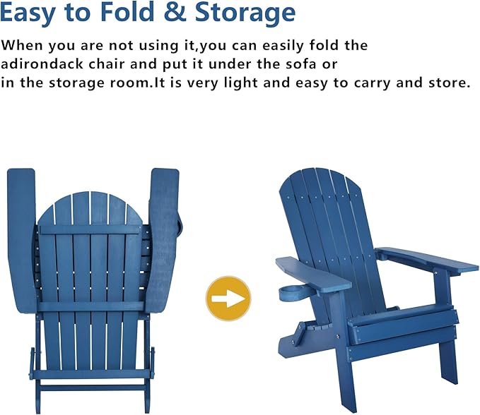 Melucivi Folding Adirondack Chair Weather Resistant Patio Chairs with Cup Holder, Plastic Adirondack Chairs for Outdoor, Backyard, Fire Pit, Deck, Garden, Campfire, Dark Blue