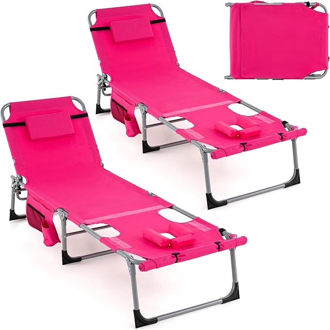 GYMAX Tanning Chair, 330LBS Beach Lounge Chair with Face Arm Hole & Hand Shoulder Strap, Folding Layout Sunbathing Chair, Face Down Outdoor Chaise Lounger for Patio, Poolside, Lawn, Backyard (2, Pink)