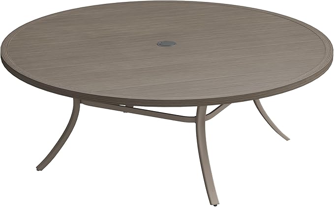 Patio Dining Table for 8-10, Round Metal Outdoor Table with 1.57" Umbrella Hole, 63" Outdoor Slat Tabletop Dining Table for Backyard, Porch, Lawn, Grey