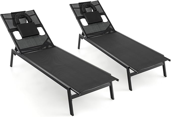 Giantex Patio Chaise Lounge Chair - Outdoor Lounge Chaise with Face Hole, Detachable Head Pillows, 5-Position Adjustable Tanning Chair for Poolside, Yard, Deck, Outside Sunbathing Chair (2, Black)