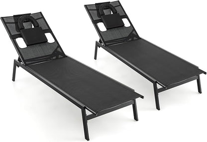 Giantex Patio Chaise Lounge Chair - Outdoor Lounge Chaise with Face Hole, Detachable Head Pillows, 5-Position Adjustable Tanning Chair for Poolside, Yard, Deck, Outside Sunbathing Chair (2, Black)