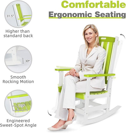 Aoodor Outdoor Rocking Chair, Ergonomic HDPE Rockers with All-Weather Design for Patio or Porch, Clashing Colors, Lemon Green and White
